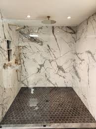 Marble-look shower tile installation